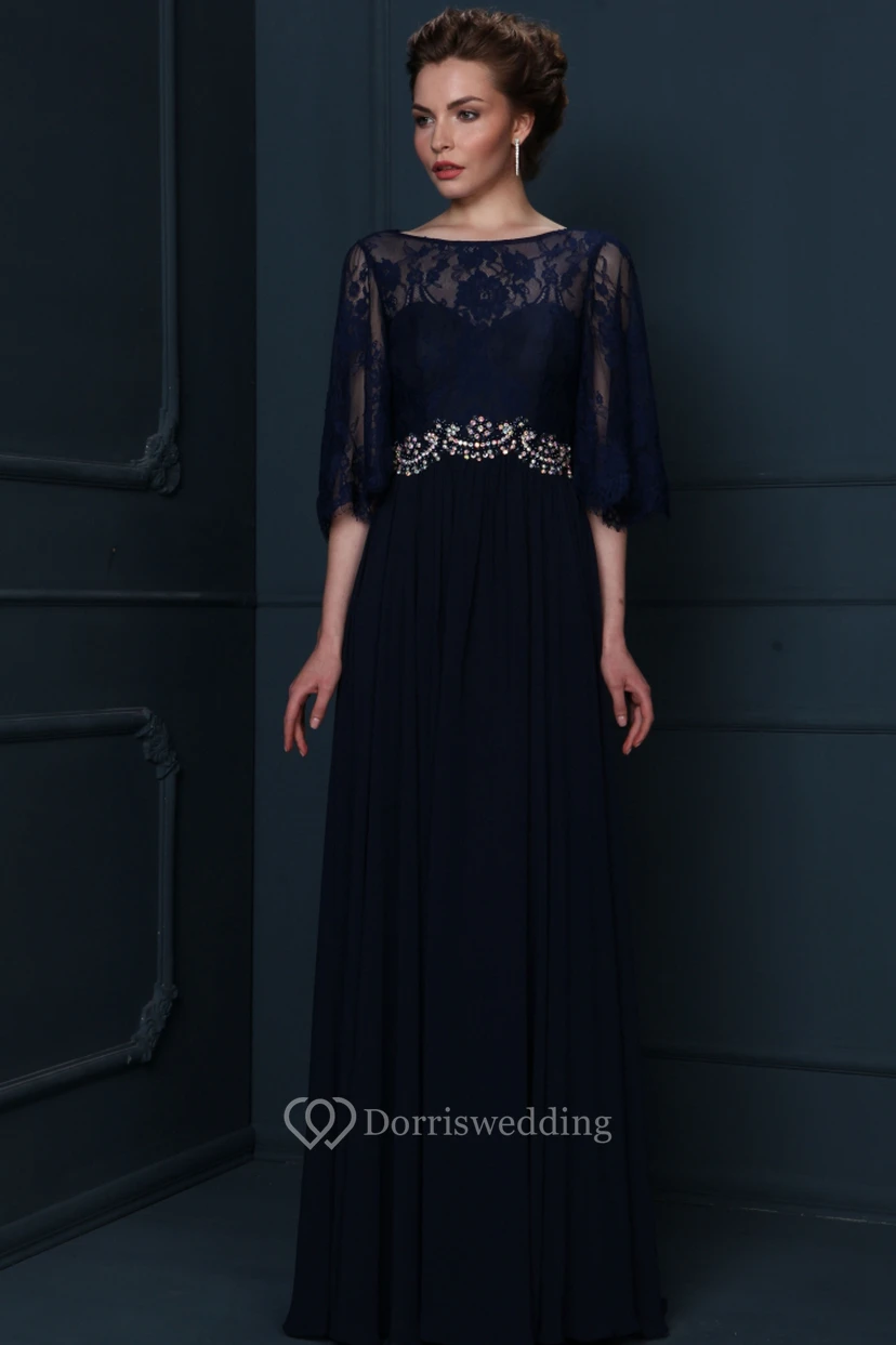 Bateau Neck Appliqued Half Sleeve Chiffon Mother Of The Bride Dress