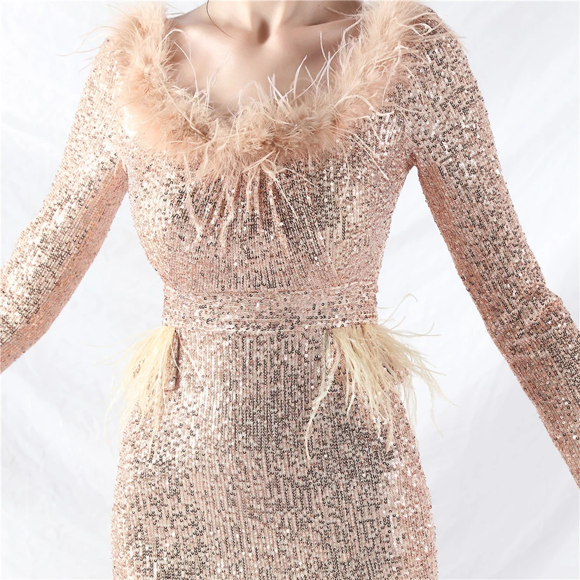 Craft-Made Ostrich Feather Long-Sleeved Beads Evening Dress view 65