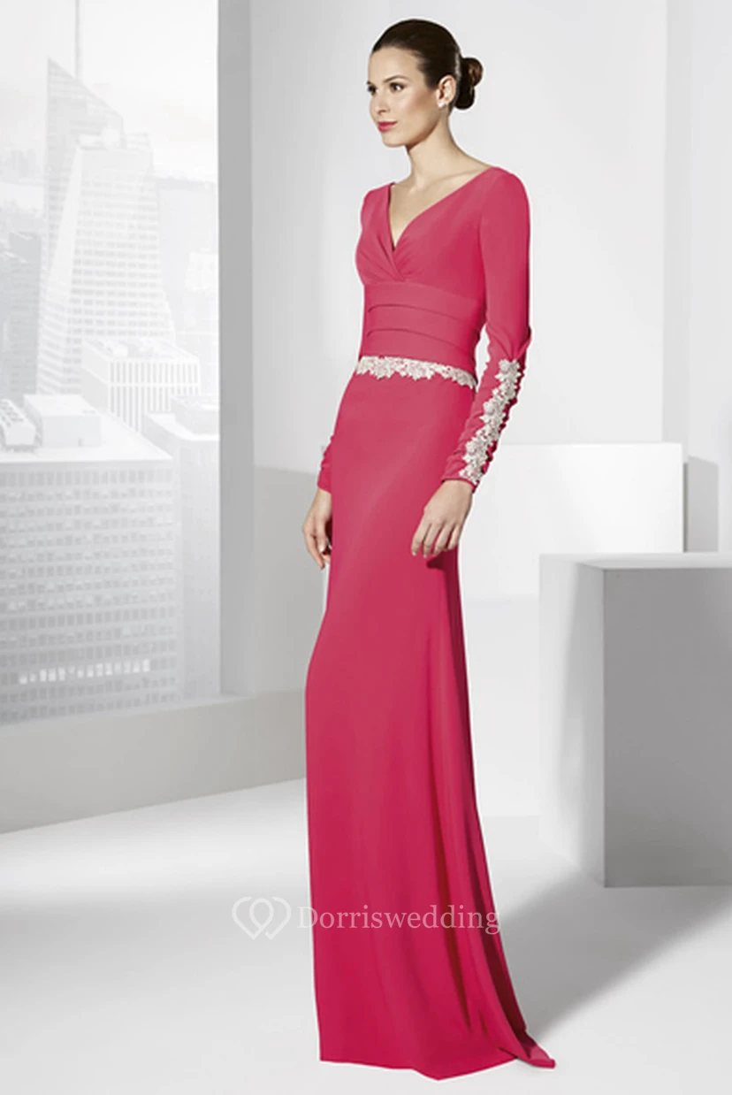 Sheath Long V-Neck Long-Sleeve Jersey Prom Dress