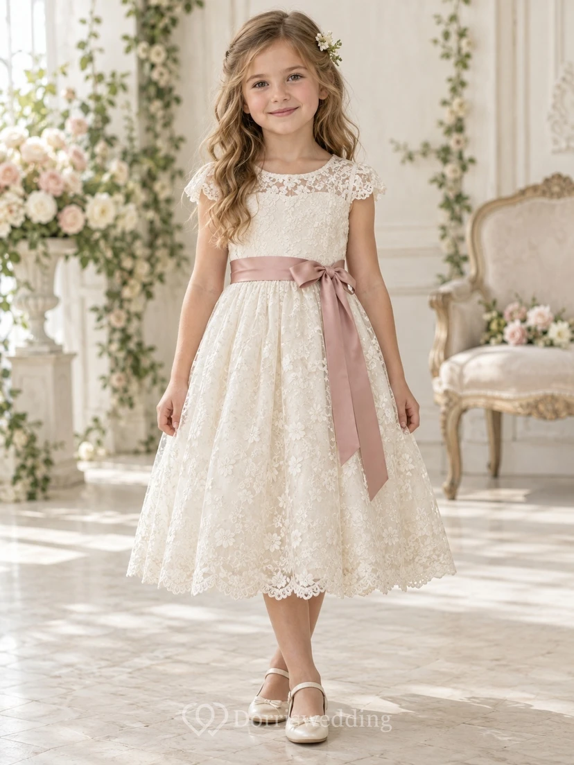 Vestido de niña de flores vintage de corte A, color marfil, con estampado floral, mangas cortas de encaje y fajín de rosas, largo hasta la rodilla.