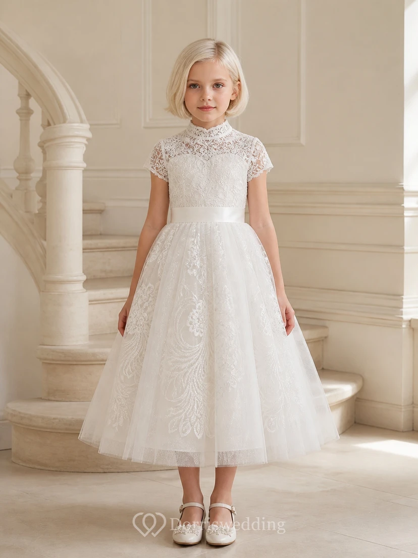 Schlichtes, teelanges A-Linien-Tüllkleid mit hohem Kragen und kurzen Ärmeln für Blumenmädchen