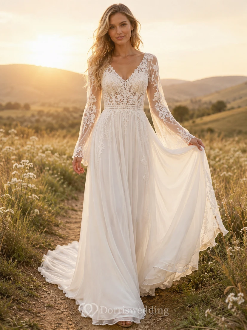 Robe de mariée bohème en mousseline de soie à col en V et manches longues, coupe trapèze, col V