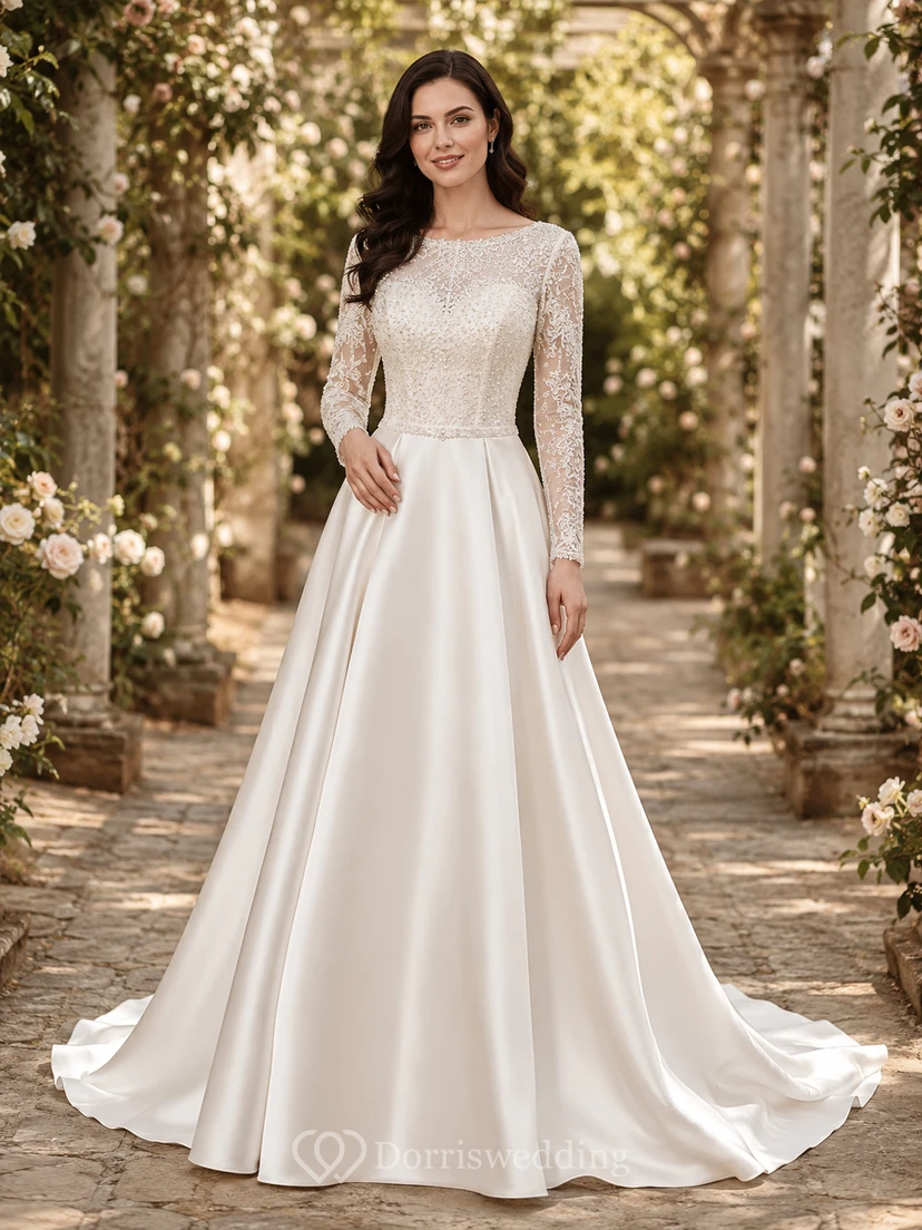 Elegant Bateau Long Lace Sleeve Satin A-Line Chapel Train Wedding Dress
