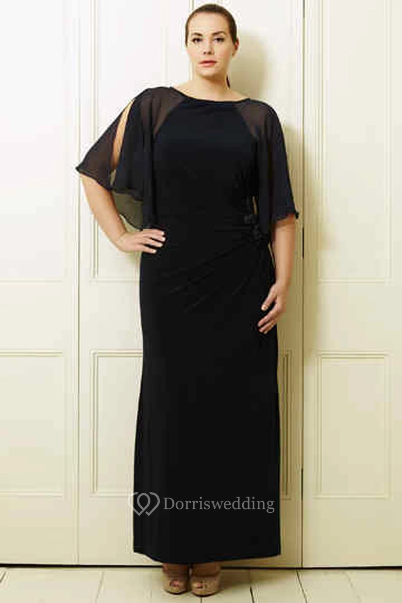 Chiffon-Abendkleid in Übergröße mit Fledermausärmeln, Rundhalsausschnitt und Knöchellänge