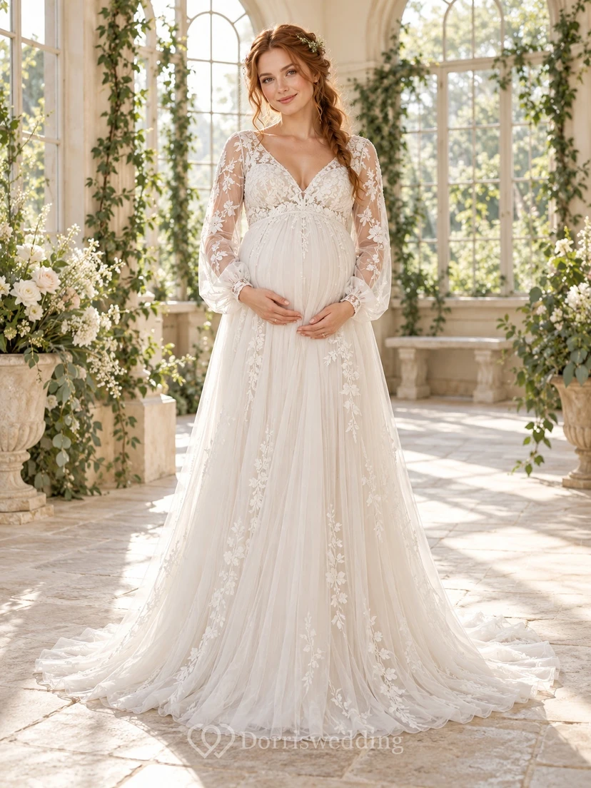 Maternity Long Sleeve V-neck Floral Lace Empire Bridal Wedding Dress