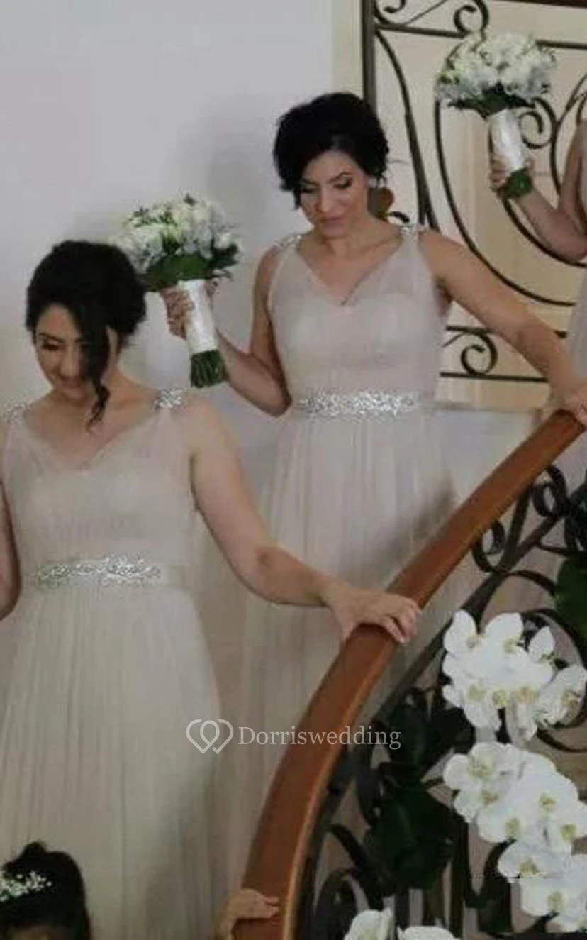 A-line Long V-neck Sleeveless Bell Beading Zipper Tulle Dress view 2