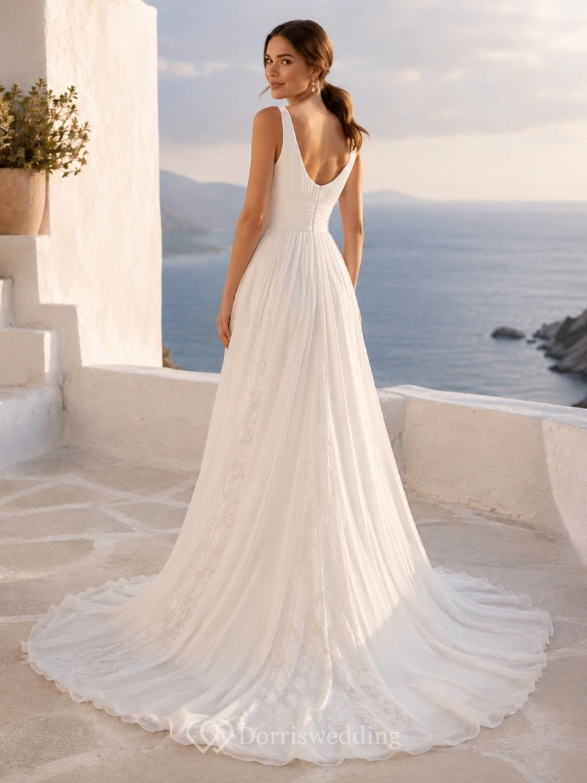 Vestido de novia sencillo de corte A con escote redondo y cola de barrido, ideal para la playa. view 2