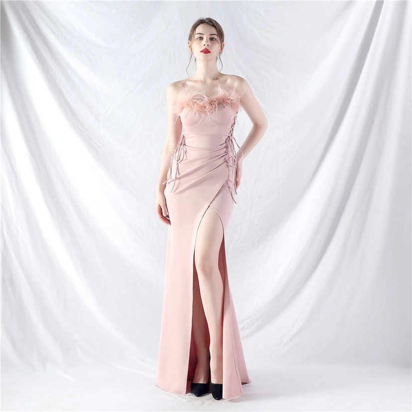 Double-Binding Waist-Shaped Ears Adjustable Satin Evening Dress view 12