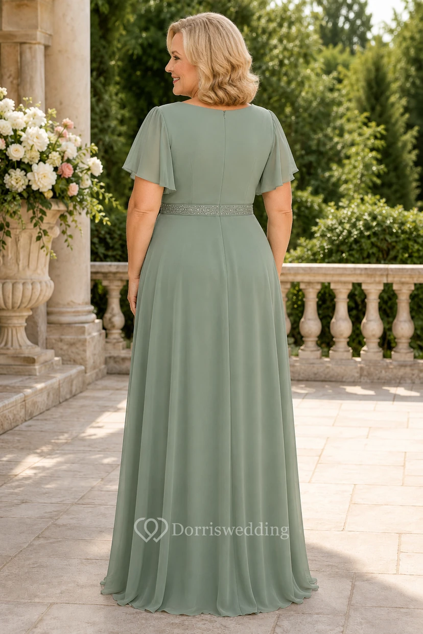 Salbeigrünes Chiffon-Kleid in A-Linie mit V-Ausschnitt in Übergröße für Mütter view 2