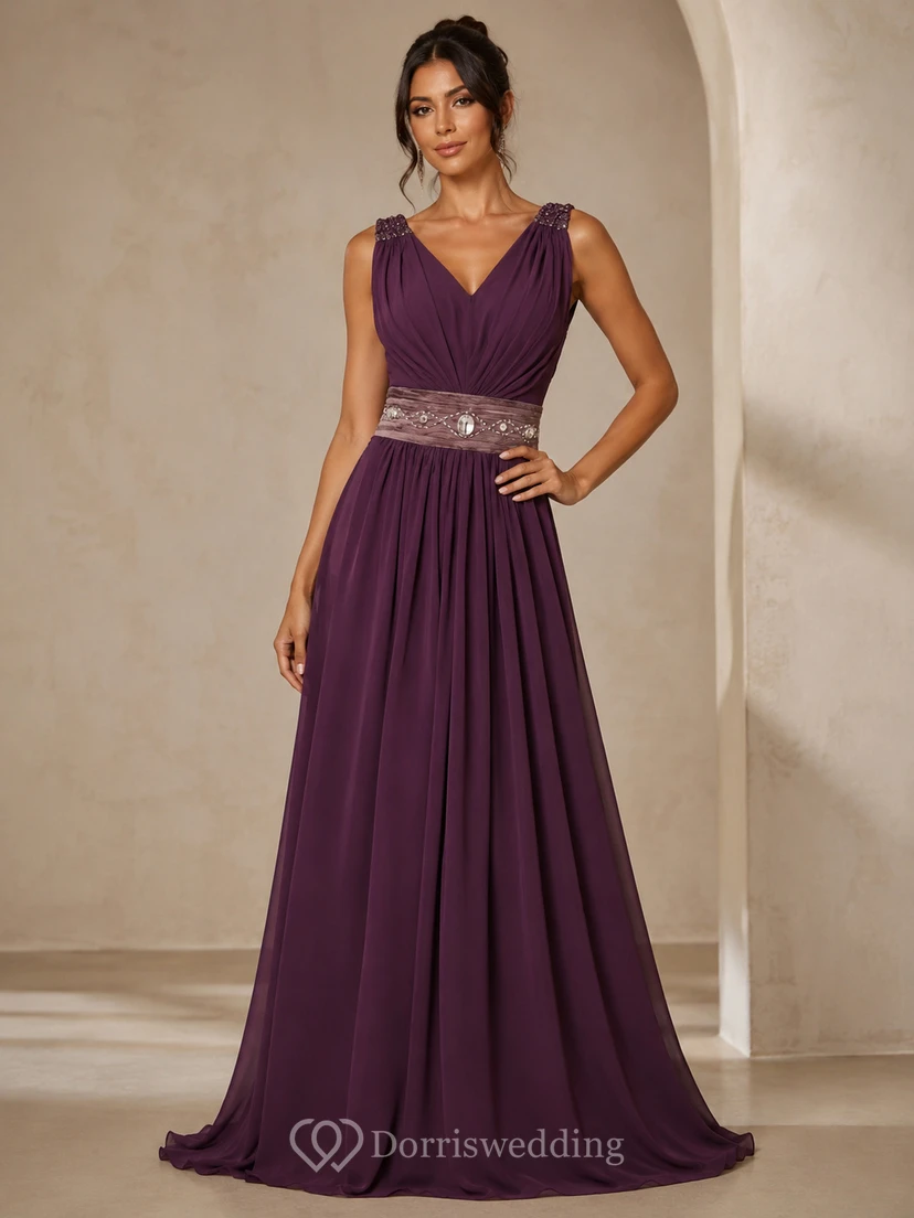 Sleeveless V-neck Long Chiffon Gown With Rhinestone view 7