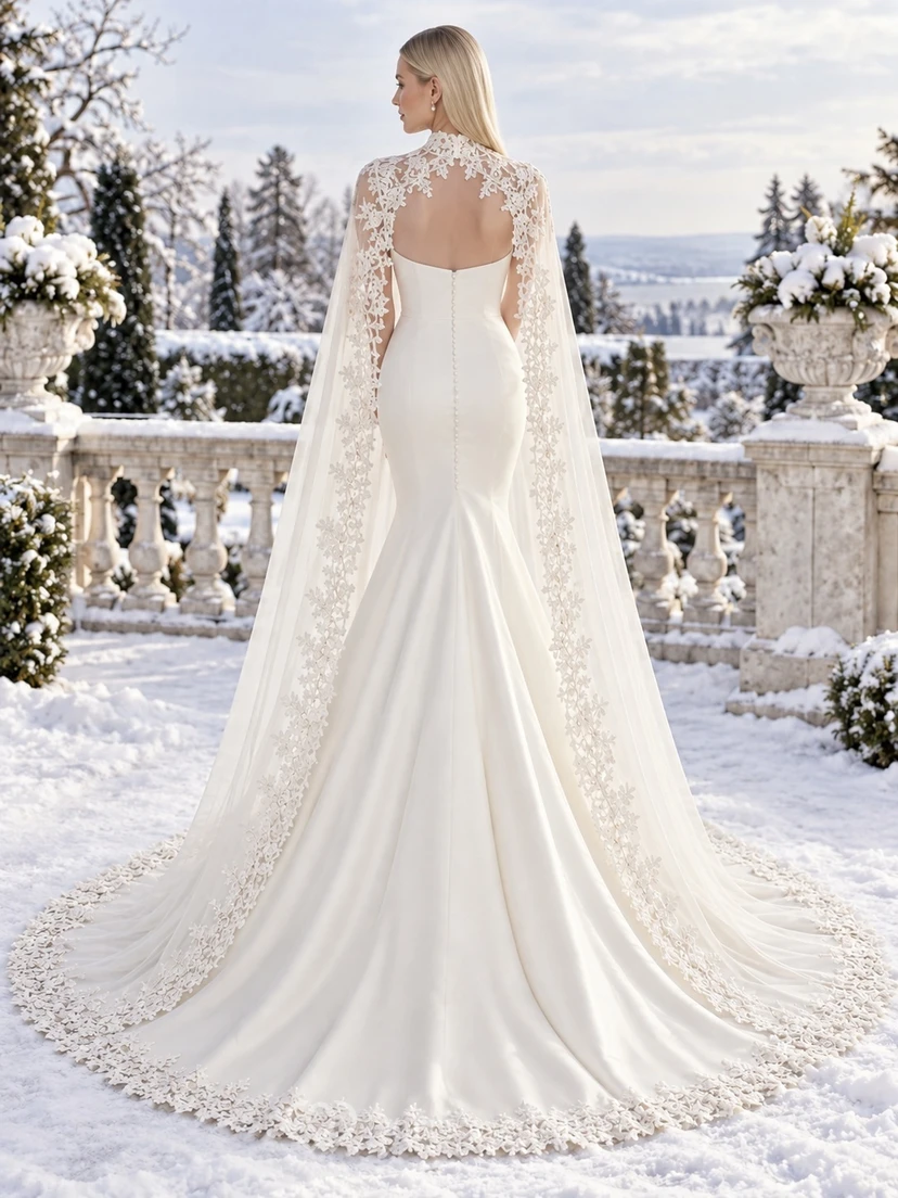 Vestido de novia de satén con capa y cuello alto y estampado floral de encaje, estilo sirena, ideal para invierno. view 2
