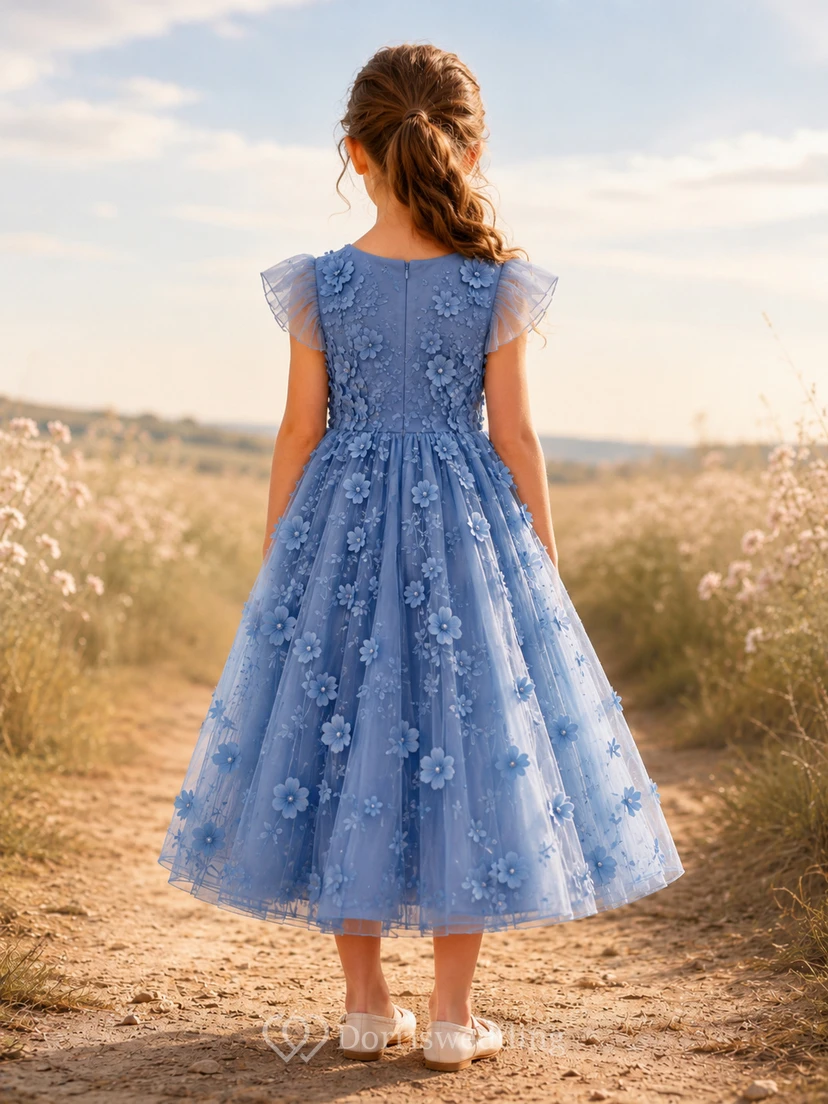 Blumenmädchenkleid, stahlblau, aus Spitze und Tüll, A-Linie, Rundhalsausschnitt, Teelänge view 2