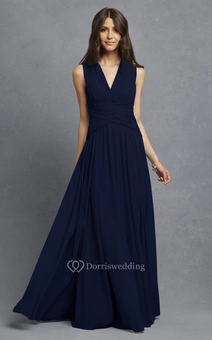 Sleeveless Chiffon V-Neck Dress With Crisscross Ruching view 7