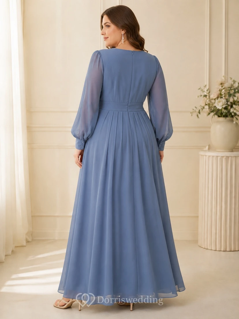 Slate Blue Plus Size Modest Scoop Neck Long Sleeve Chiffon A-Line Dress view 2
