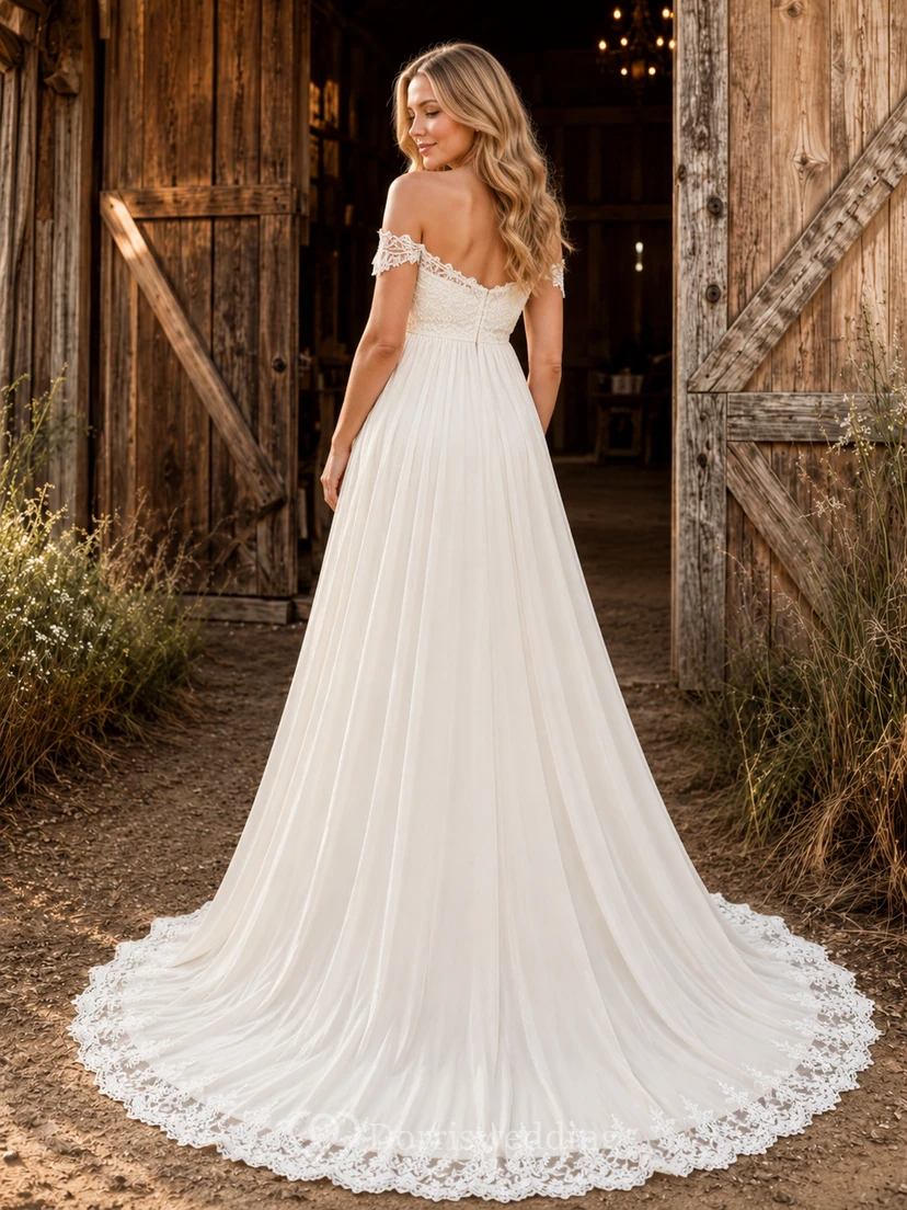 A-Line Boho Maternity Wedding Dress Off Shoulder Lace Bodice Bridal Gown with Sweep Train view 2