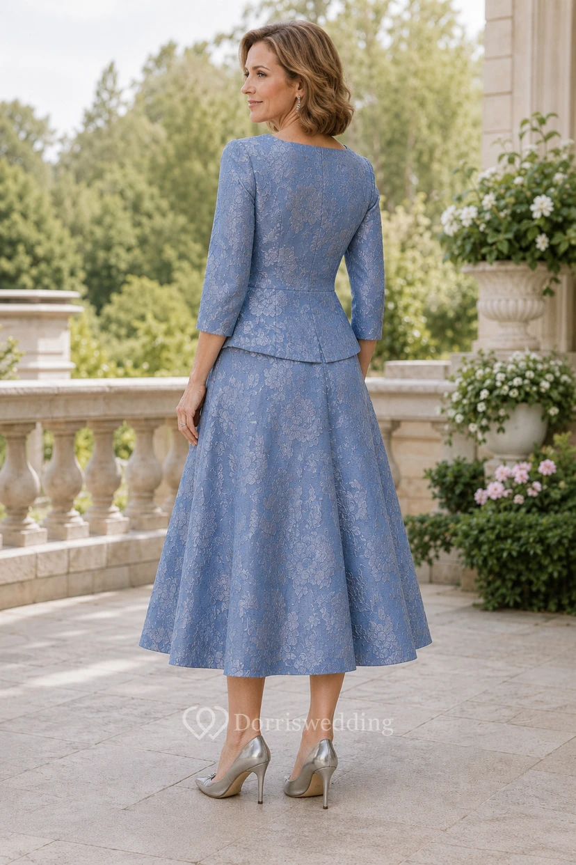 Robe de mère bleu acier, longueur thé, dentelle bateau, coupe trapèze, longueur thé view 2