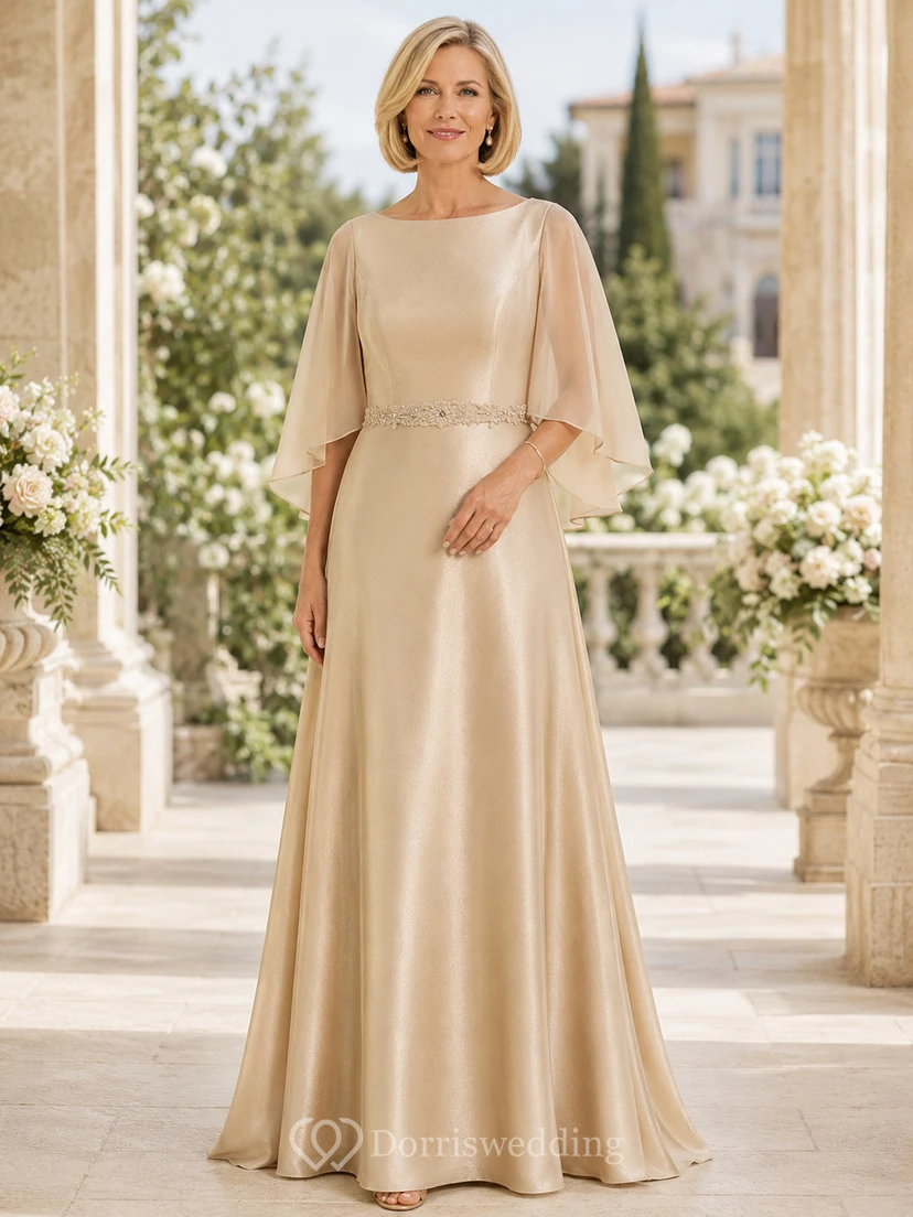 Champagne Modest Bateau Satin A-Line Floor-Length Mother of the Bride Gown with Cape Sleeves and Beaded Waist