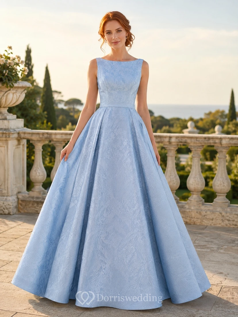 Sky Blue Taffeta Scoop Neck Sleeveless Ball Gown Floor-Length Elegant Formal Prom Dress