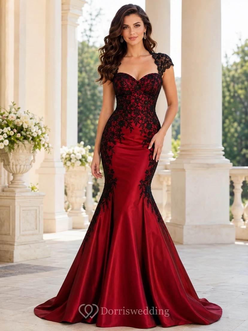 Red Black Sweetheart Cap Sleeve Lace Mermaid Sweep Train Luxury Formal Dress