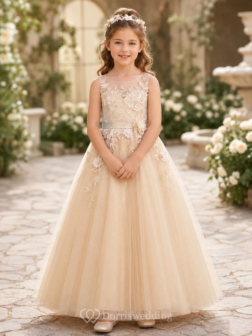 Robe de demoiselle d'honneur en dentelle champagne et tulle, robe de bal, col rond, longueur au sol