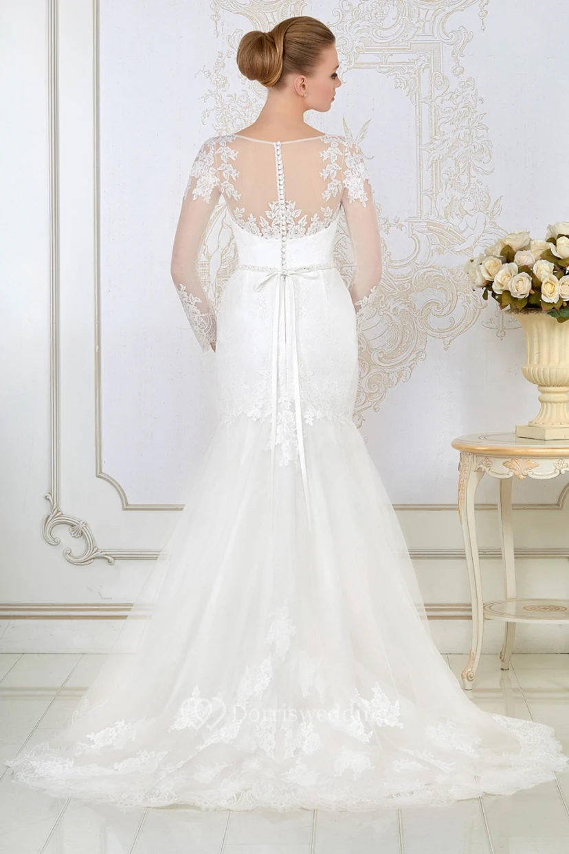 Mermaid Long-Sleeve Jewel-Neck Appliqued Floor-Length Lace&Satin Wedding Dress With Waist Jewellery view 2