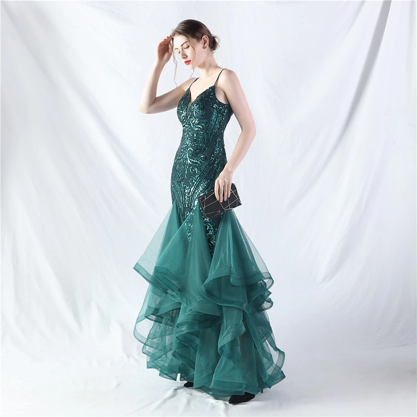Vestido de actuación para celebración de baile caliente con cuentas de flores y posicionamiento de red rígida. view 13
