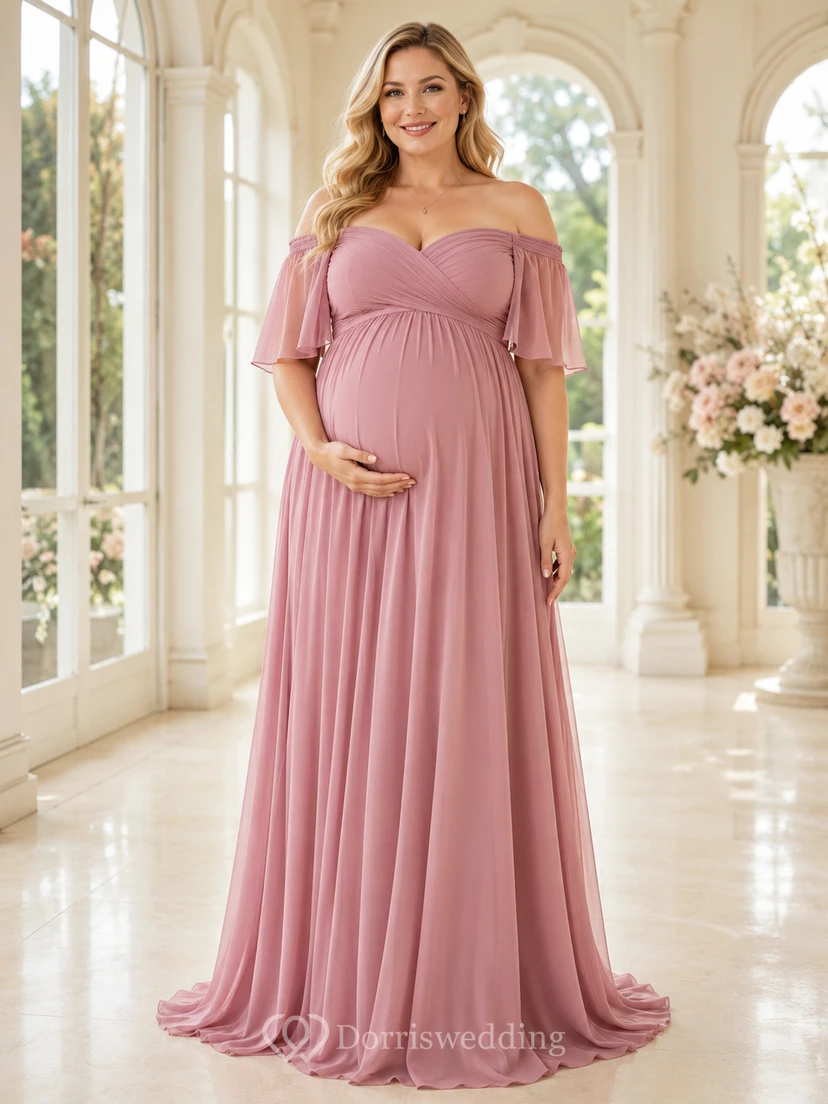 Dusty Rose Plus Size Maternity Off-Shoulder Flutter Sleeve Chiffon Formal Gown