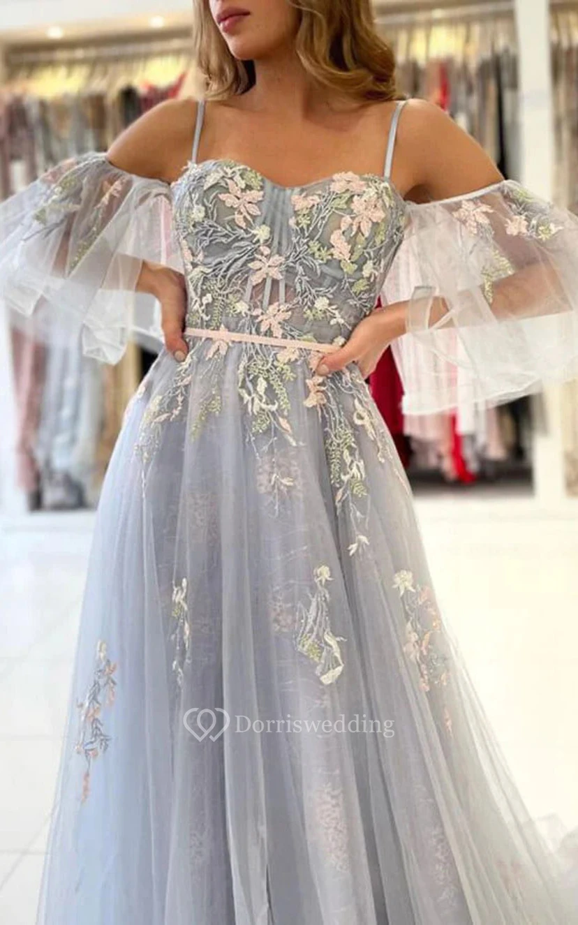 Spaghetti ofs Tulle Lace Applique Pleated Flowy Prom Dress view 3