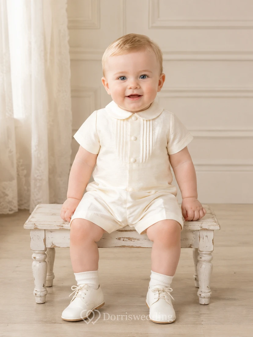 Ivory Pintuck Peter Collar Short Sleeve Christening Romper for Baby Boy