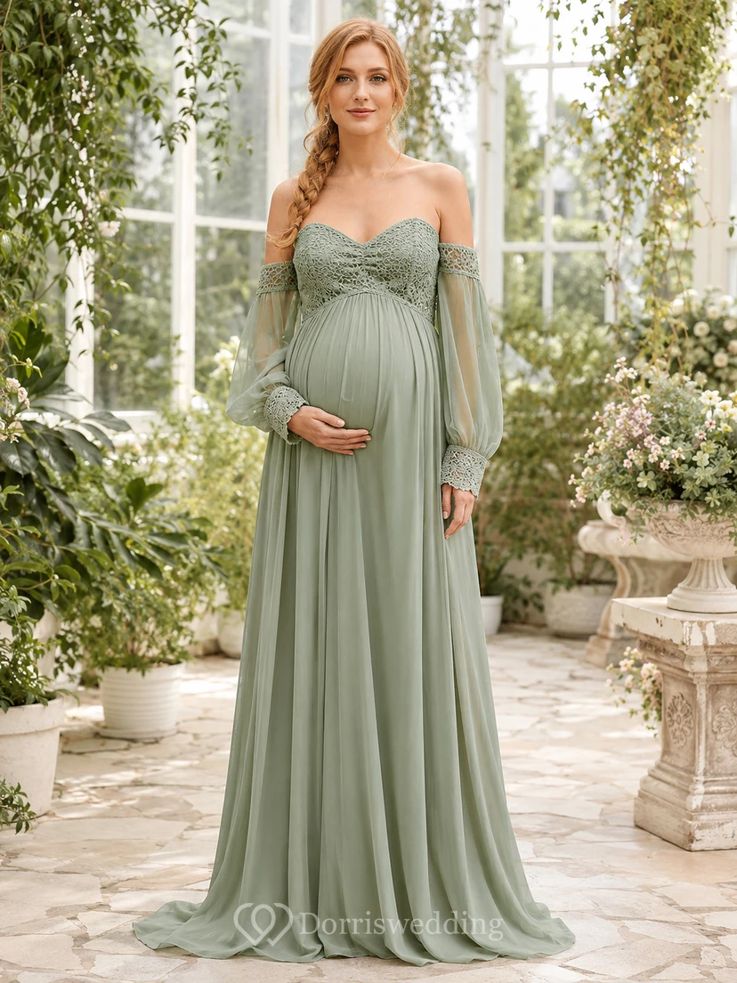 Vestido de novia premamá de gasa con mangas acampanadas y hombros descubiertos, estilo jardín.