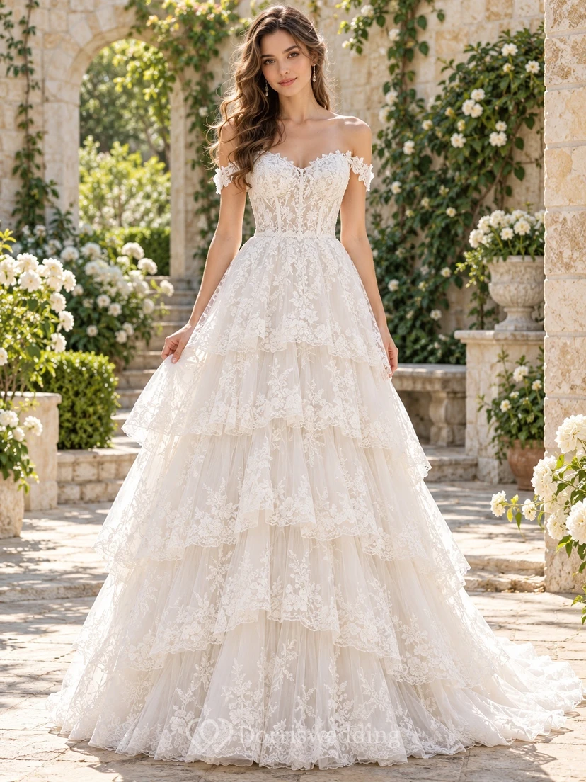 Tiered Off Shoulder Corset Floral Lace A-line Train Wedding Dress