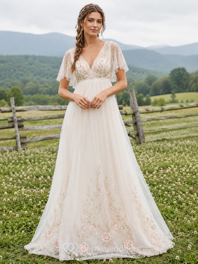 Robe de mariée champêtre trapèze à manches papillon et broderies florales