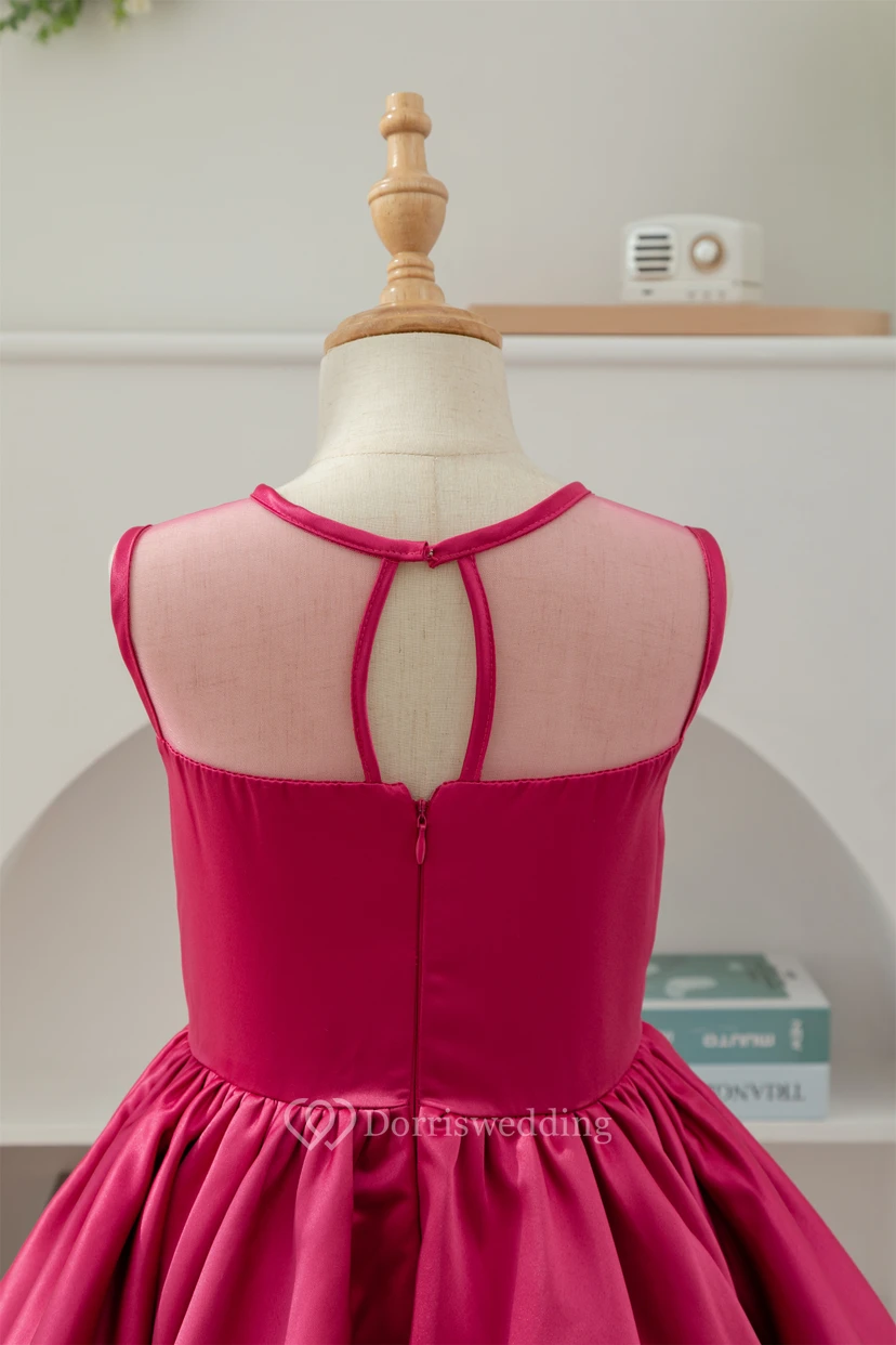 A-line Short Satin Layered Fuchsia Flowergirl Dress view 7