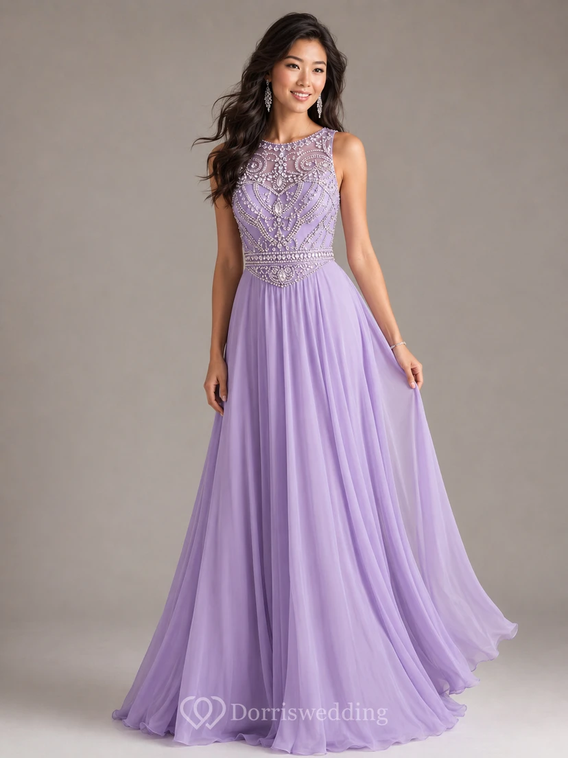 Vestido largo de gasa sin mangas con escote joya estilo sirena view 6