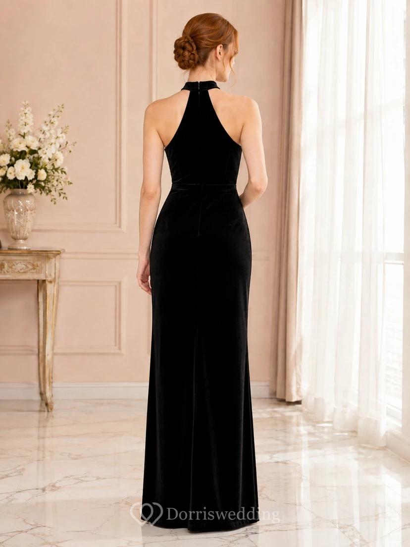 Black High Neck Halter Backless Velvet Sheath Floor-Length Split Gown view 2