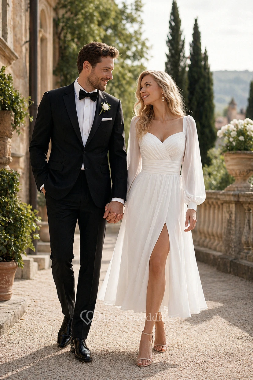 Kurzes, fließendes Chiffon-Hochzeitskleid mit Illusionseffekt, langen Ärmeln und vorderem Schlitz, langem Ärmel
