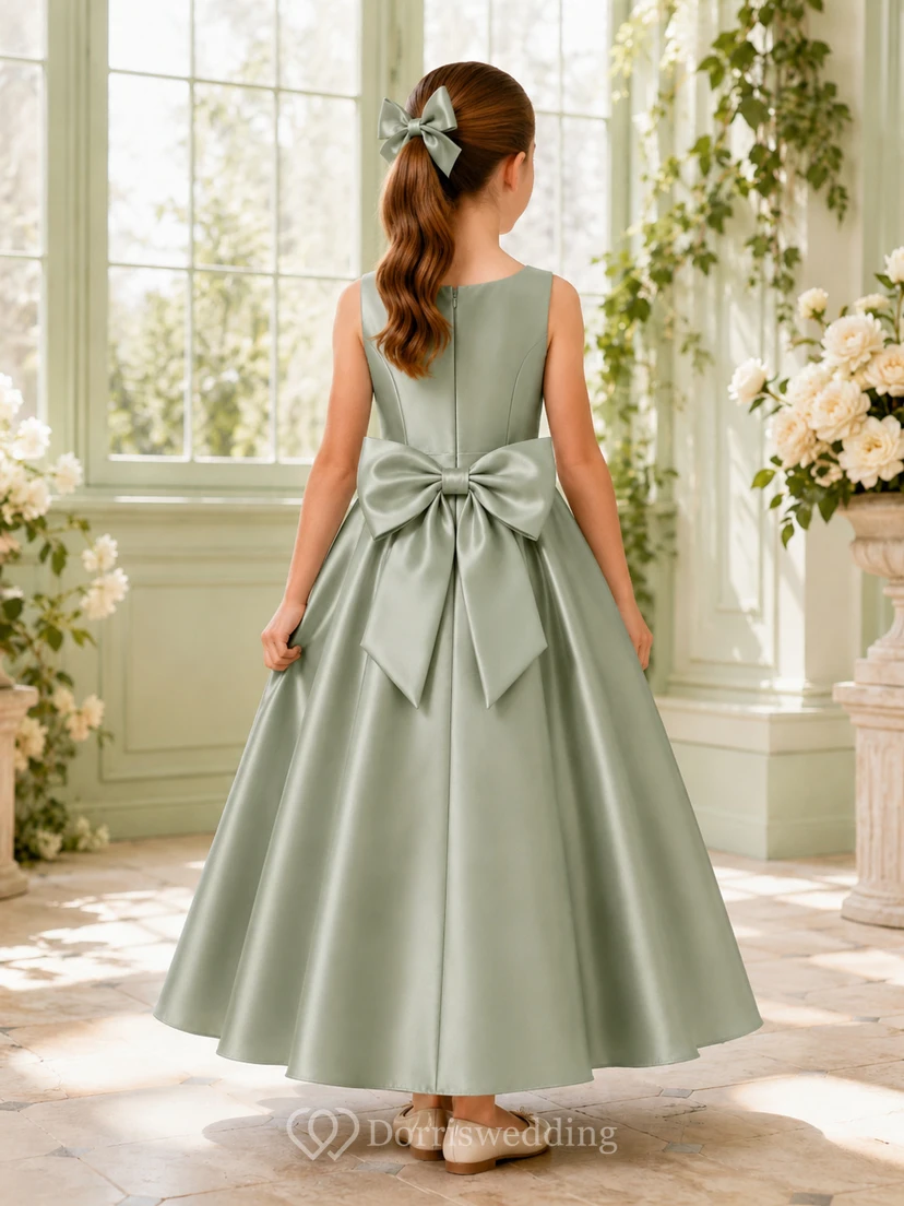 Ärmelloses, wadenlanges Gartenkleid aus salbeifarbenem Satin mit Schleife in A-Linie für Blumenmädchen view 2