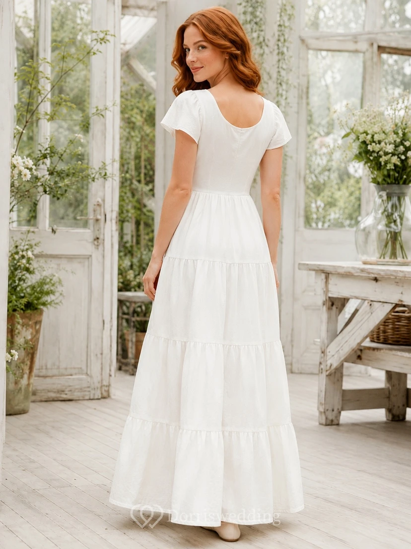White Scoop Neck Short Sleeve Relaxed Tiered Maxi Dress