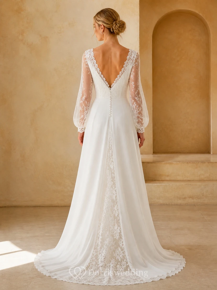 Vestido de novia bohemio de manga larga, corte en A, escote en V, encaje botánico y cola de capilla view 2