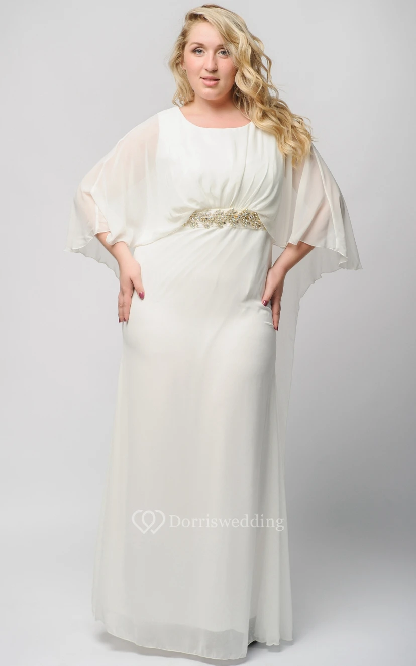 Empire-Kleid aus Chiffon, bodenlang, mit U-Boot-Ausschnitt, halben Ärmeln, Kristallverzierungen und Reißverschluss