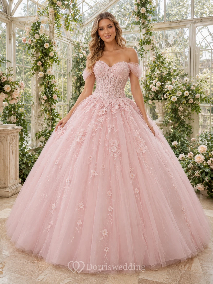 Robe de bal romantique de princesse à épaules dénudées et décolleté cœur en dentelle florale Blush Greenhouse