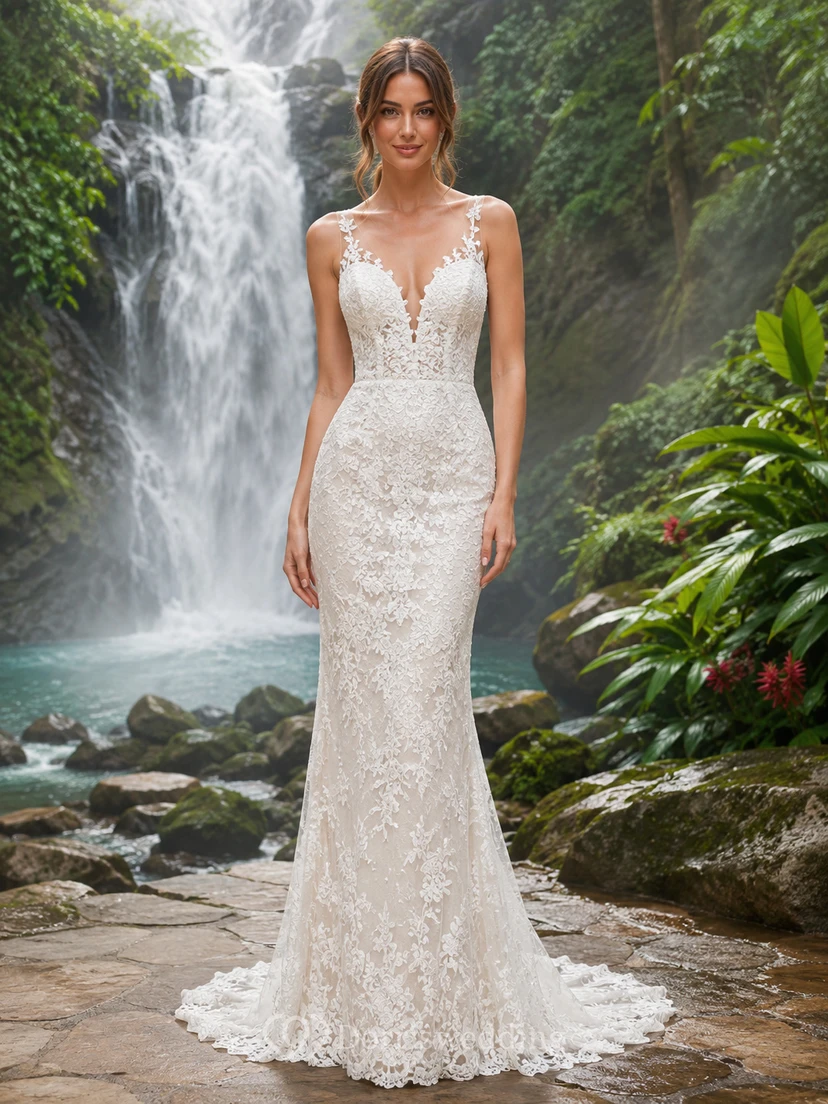 Robe de mariée sirène en dentelle à décolleté plongeant et dentelle, style spaghetti, coupe sirène, idéale pour un mariage de destination.