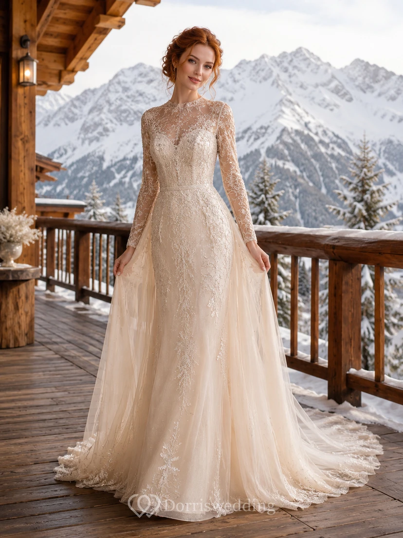 Robe de mariée en tulle et dentelle champagne, coupe trapèze, col montant, manches longues et traîne chapelle.