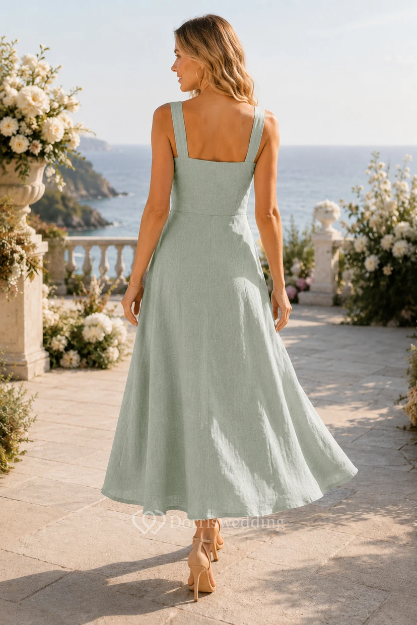 Robe de demoiselle d'honneur en mousseline sauge, coupe trapèze, col carré, sans manches et fente, longueur midi view 2