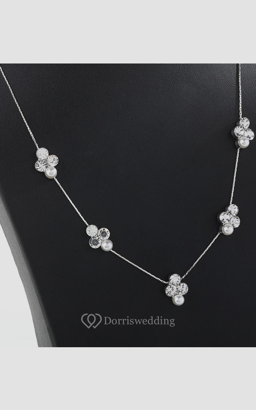 Minimalistic Flower Rhinestone Design Necklace and Earrings Jewelry Set view 2