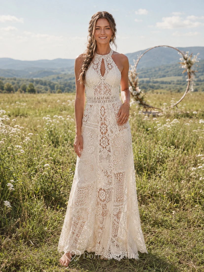 Halter Keyhole Crochet Lace Sheath Boho Wedding Dress