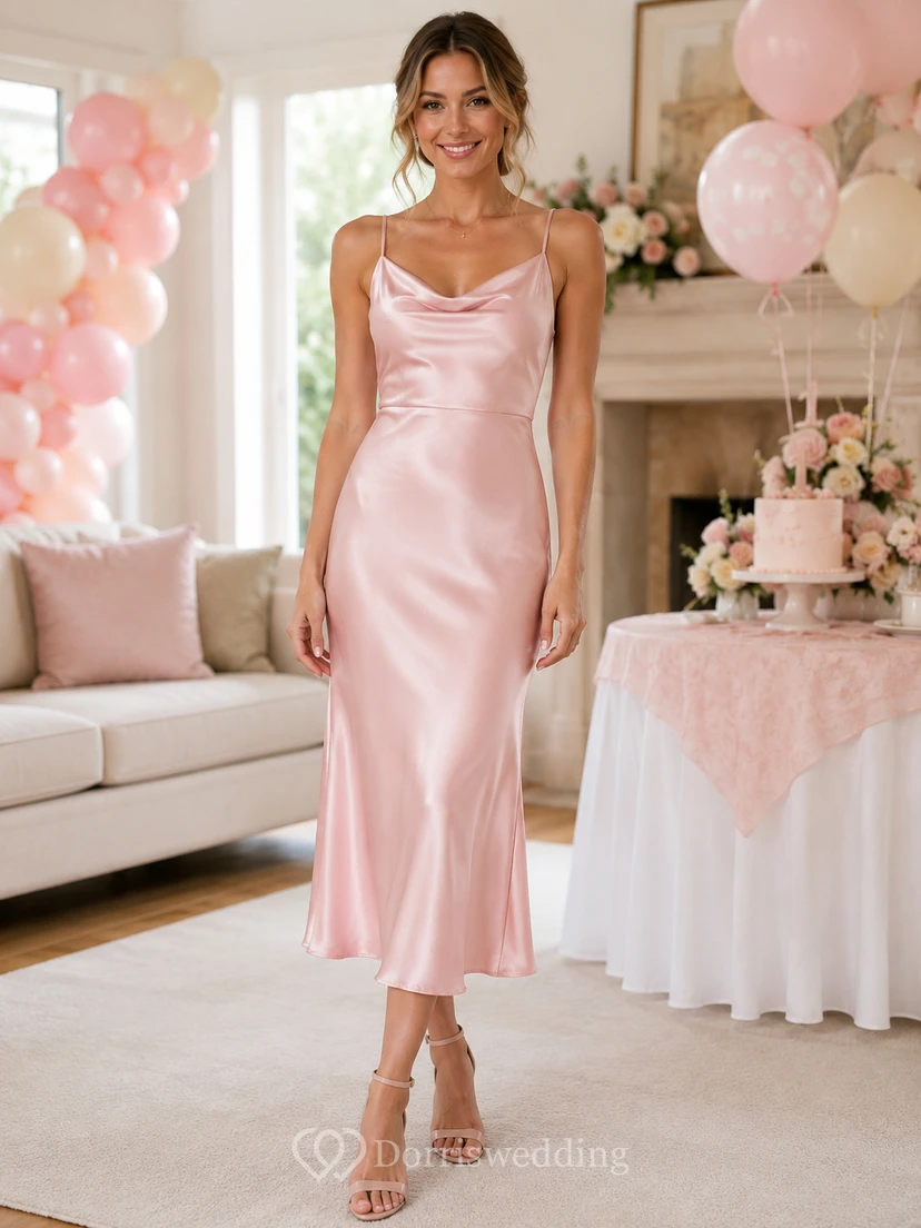 Blush Satin Cowl Neck Sleeveless Birthday Party Dress