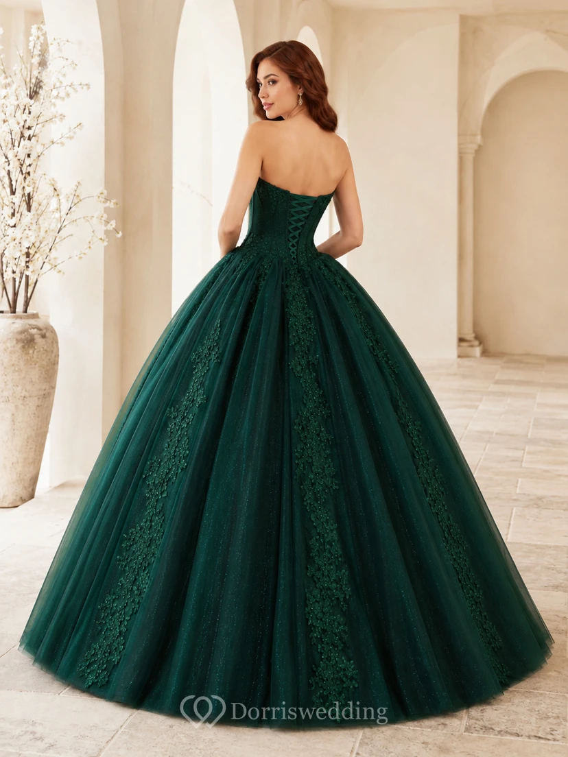 Vestido de quinceañera estilo princesa corsé sin tirantes con escote corazón y bolsillo oculto en verde oscuro view 2