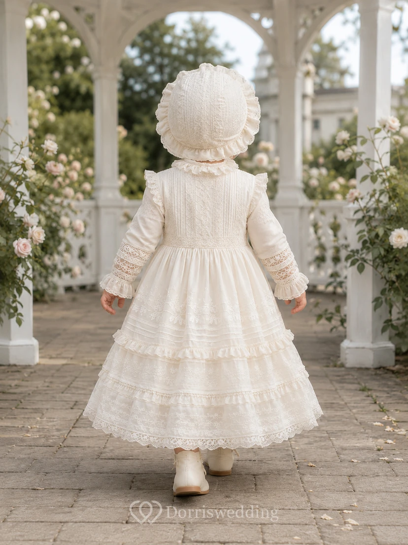 Vintage Modest Baby Baptism Christening Ceremony Dress A-Line Tea-Length High Neck Long Sleeve Tulle Lace Ruffle Trim Tiered Skirt Button Back view 2