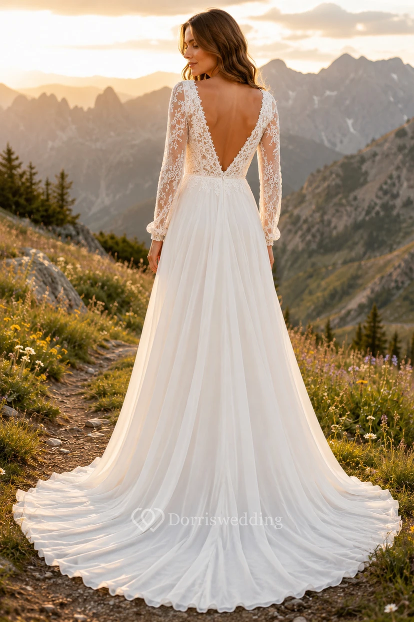 Long Sleeve Lace A-Line Mountain Wedding Dress view 2